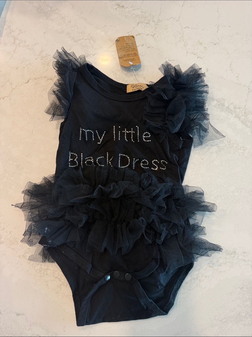 Black Tulle Ruffle Baby One-Piece Bodysuit with Rhinestone Text